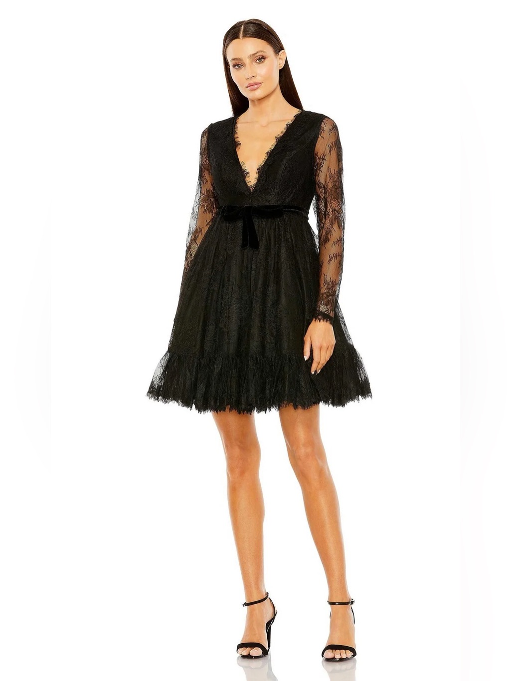 Nwt Mac Duggal 49794 Black Lace Deep V-Neck Long Sleeve Babydoll Dress Size 8